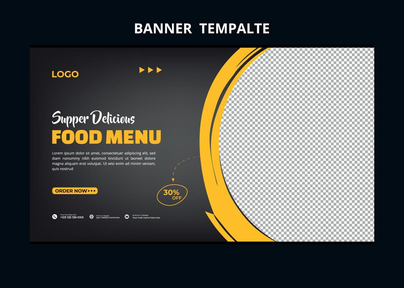 bannière web de marketing de médias sociaux de menu de nourriture de restaurant. vignette vidéo de promotion de vente en ligne de pizza, burger ou hamburger. fond de site de restauration rapide. flyer alimentaire avec logo et icône de l'entreprise. vecteur