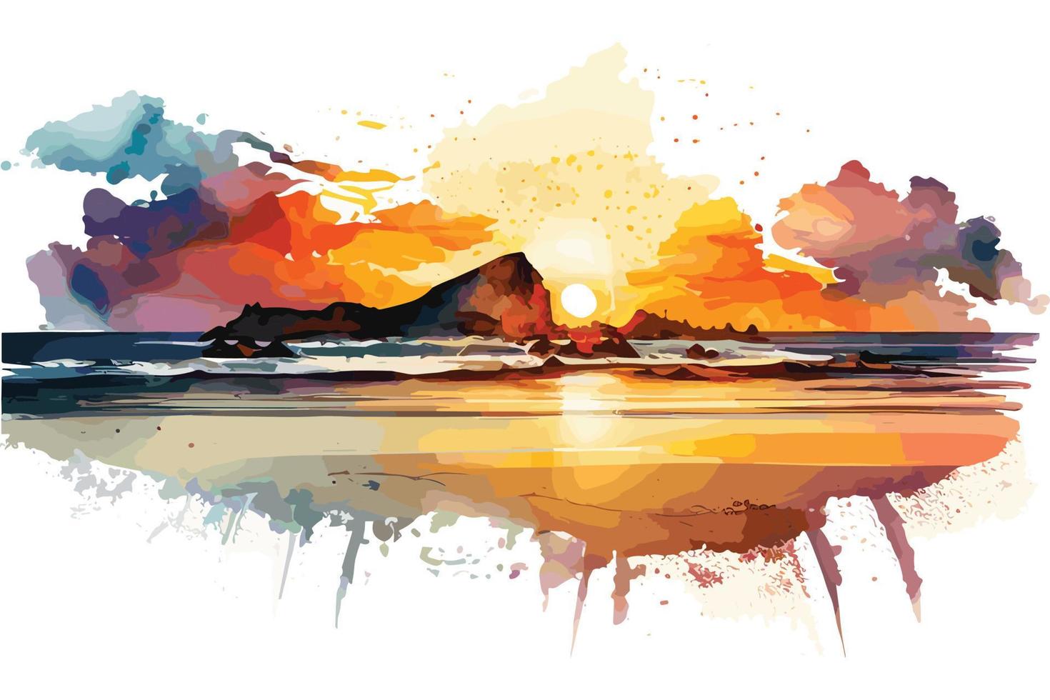aquarelle le coucher du soleil à le plage illustration pour social médias les publicités, affiches, bannières, et livre couvertures conception vecteur