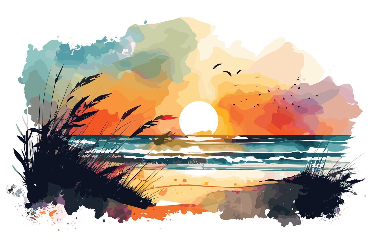 aquarelle le coucher du soleil à le plage illustration pour social médias les publicités, affiches, bannières, et livre couvertures conception vecteur