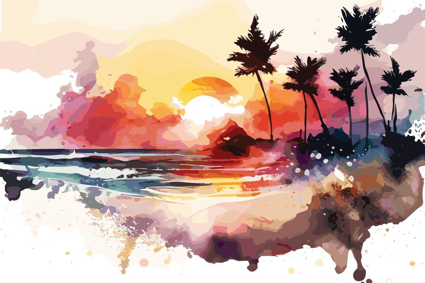 aquarelle le coucher du soleil à le plage illustration pour social médias les publicités, affiches, bannières, et livre couvertures conception vecteur