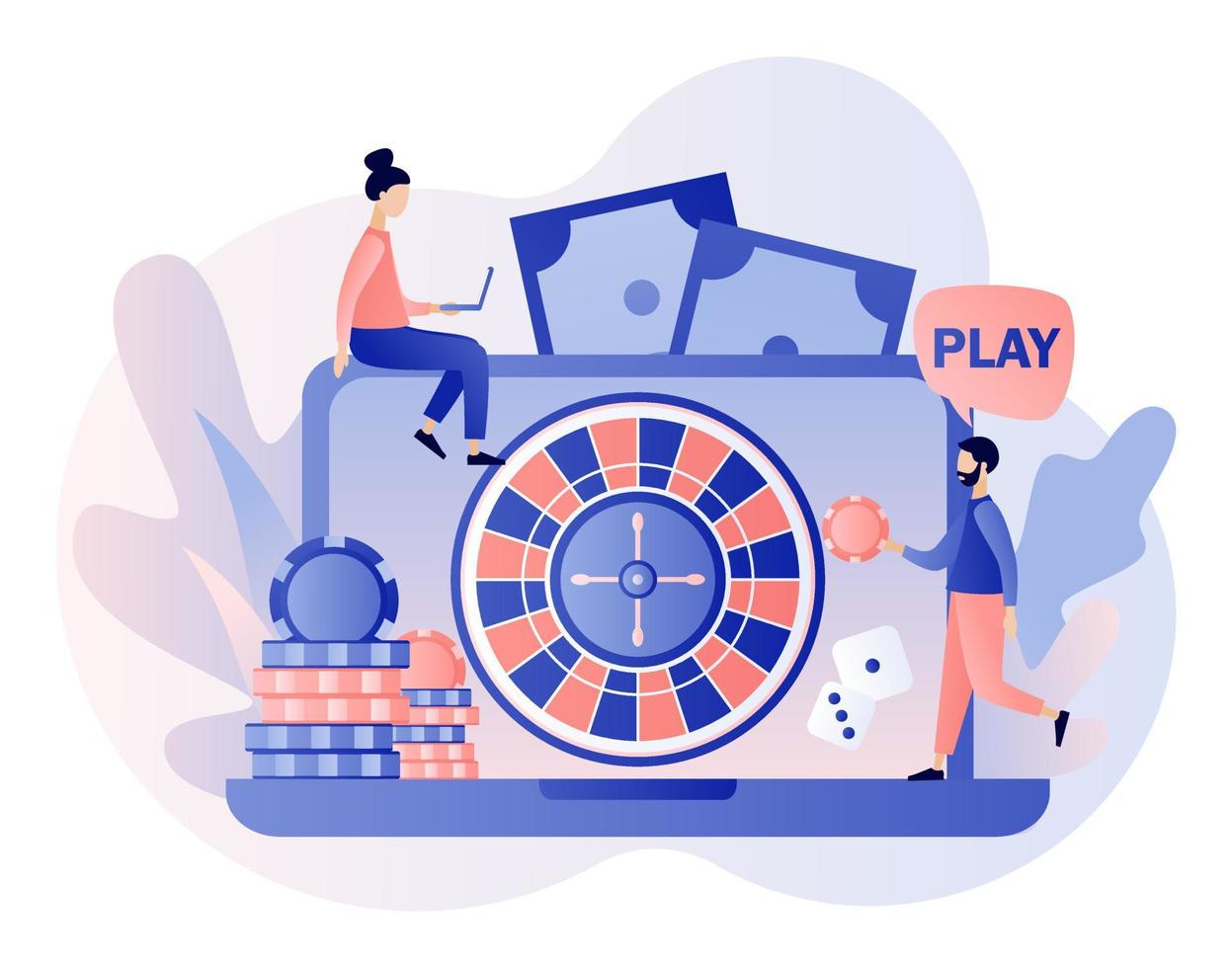 l'Internet casino et jeux d'argent concept. minuscule gens jeu en ligne jeux d'argent Jeux. gens jouer en ligne roulette. moderne plat dessin animé style. vecteur illustration