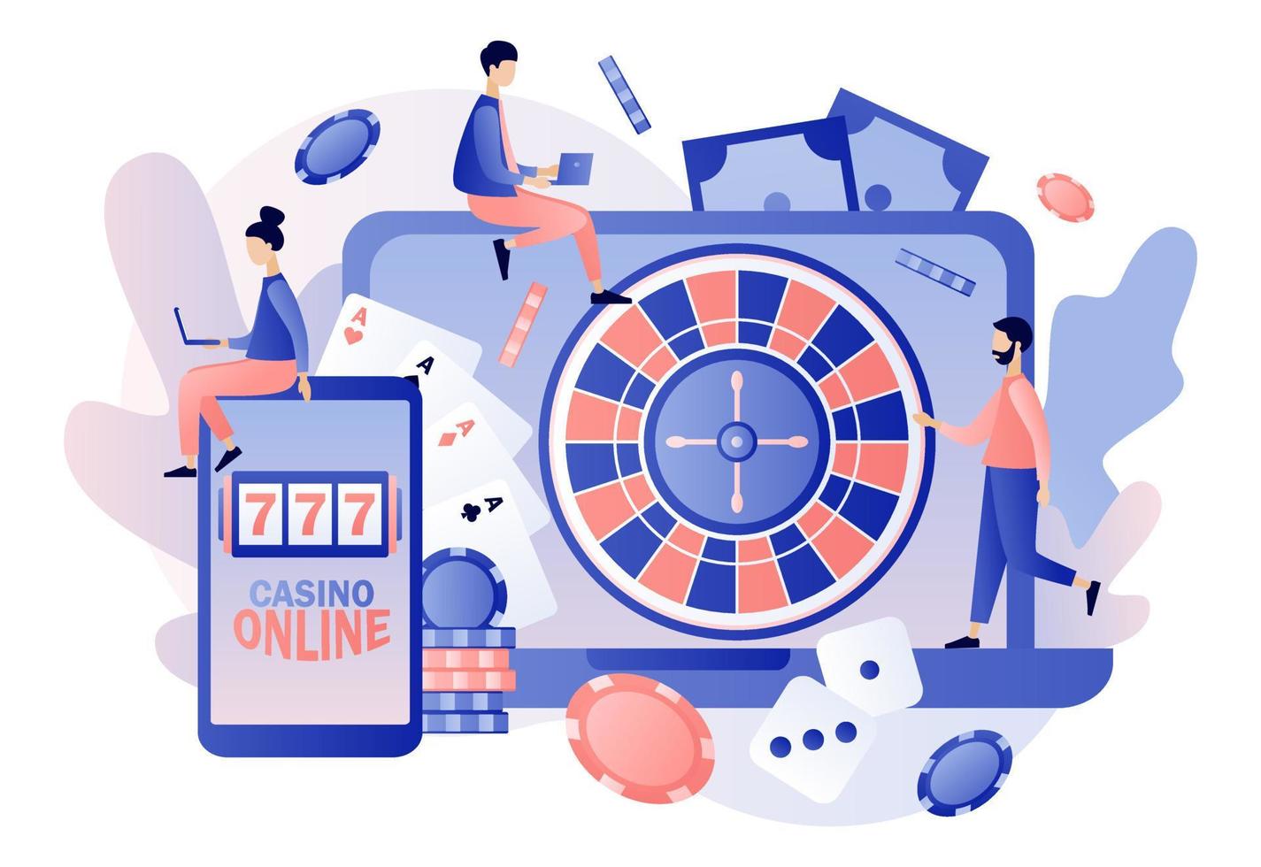 l'Internet casino et jeux d'argent concept. minuscule gens jeu en ligne jeux d'argent Jeux. gens jouer en ligne poker, roulette, fente machine. moderne plat dessin animé style. vecteur illustration