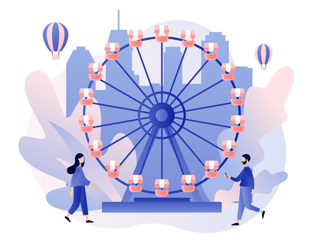 amusement parc concept. minuscule gens avec carrousels, rouleau Coaster, air ballon, cirque, amusement juste et carnaval. moderne plat dessin animé style. vecteur illustration