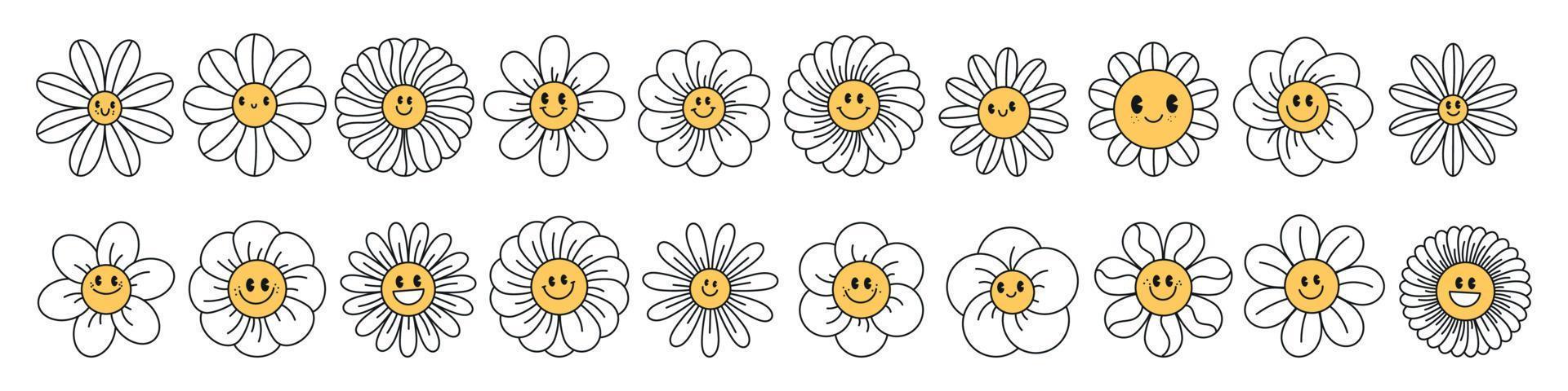 marguerites dans une sensationnel style. rétro camomille sourit dans dessin animé style. content autocollants ensemble de le années 70. vecteur graphique illustration