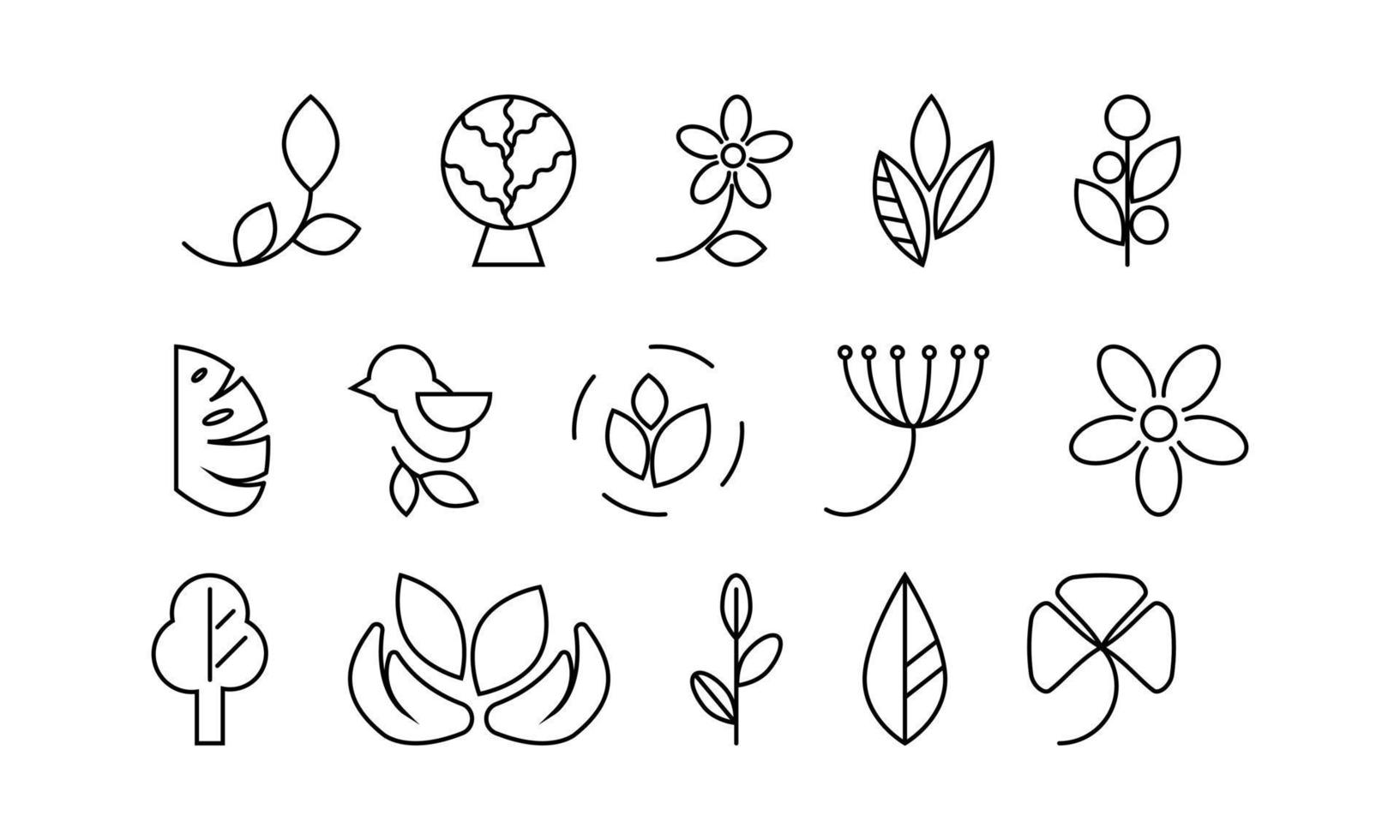 éco ensemble de noir ligne Icônes avec feuilles, végétaux, arbre, oiseau et fleur sur blanc Contexte vecteur