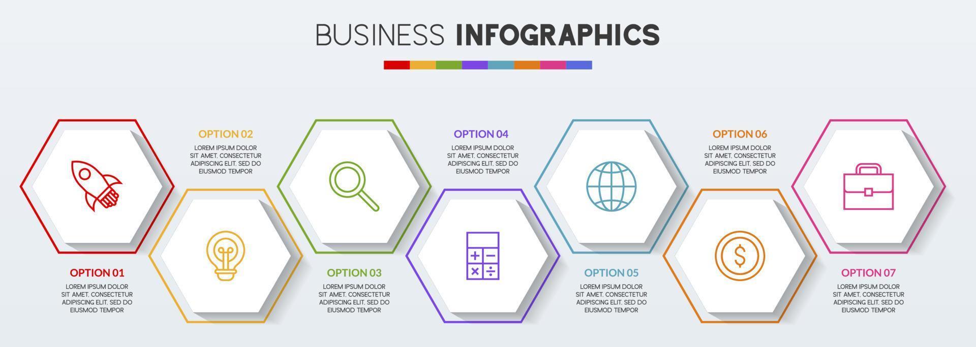 infographie conception modèle et Icônes avec sept les options ou sept pas vecteur