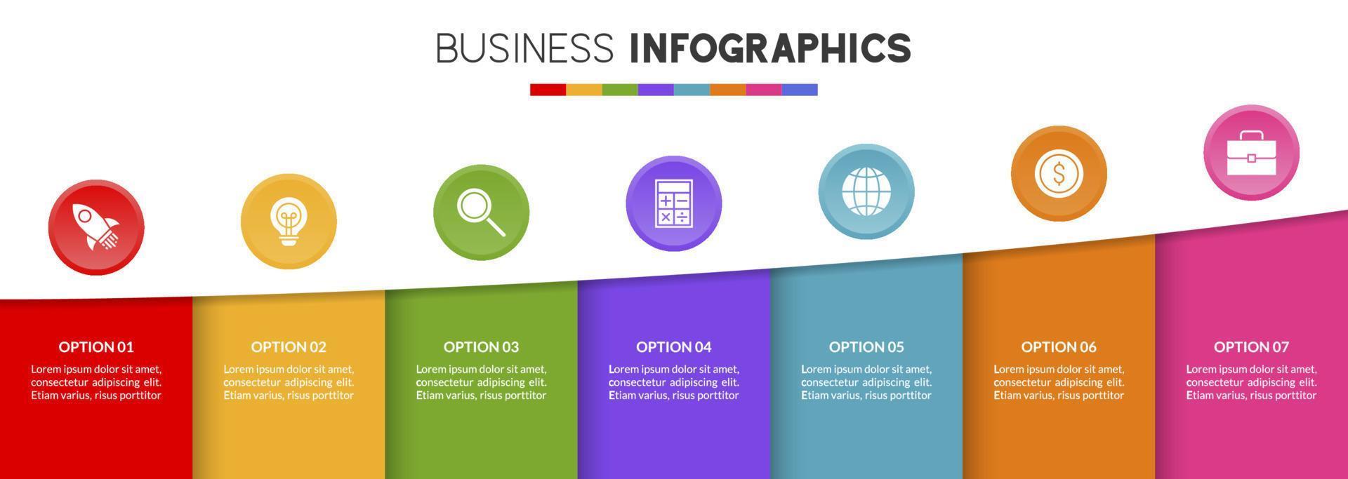 infographie conception modèle et Icônes avec sept les options ou sept pas vecteur