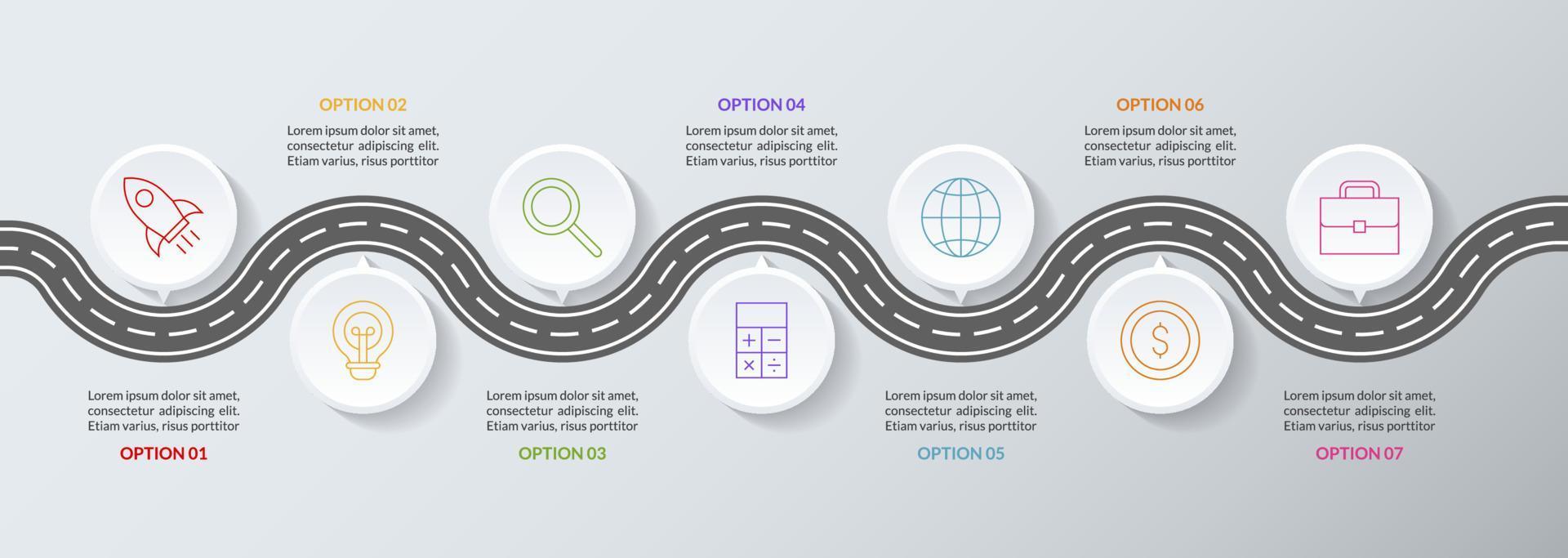 infographie conception modèle et Icônes avec sept les options ou sept pas vecteur