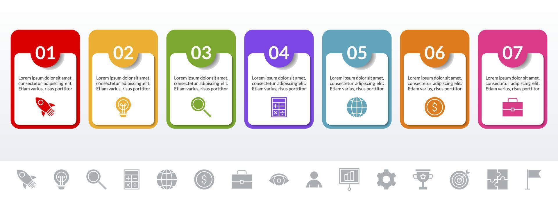 infographie conception modèle et Icônes avec sept les options ou sept pas vecteur