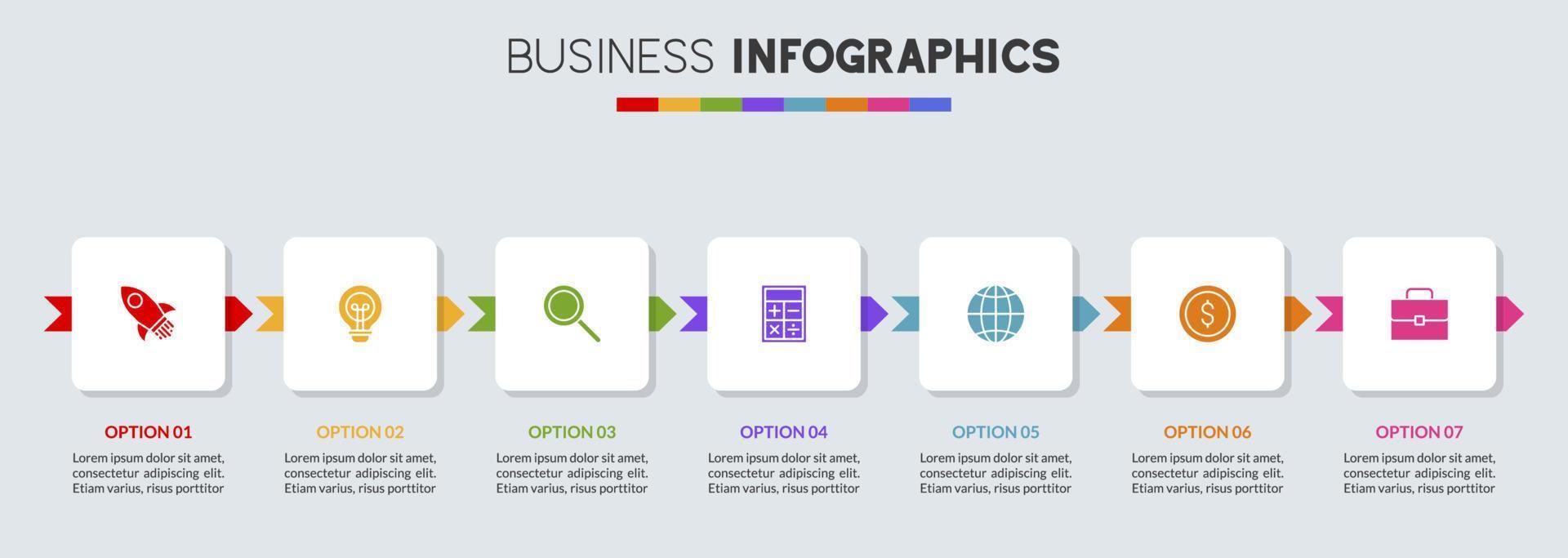 infographie conception modèle et Icônes avec sept les options ou sept pas vecteur