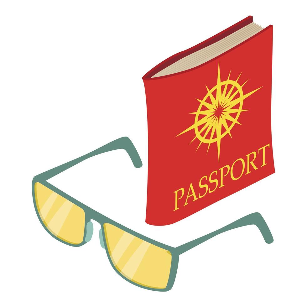 Voyage concept icône isométrique vecteur. passeport dans rouge couverture et Soleil des lunettes icône vecteur