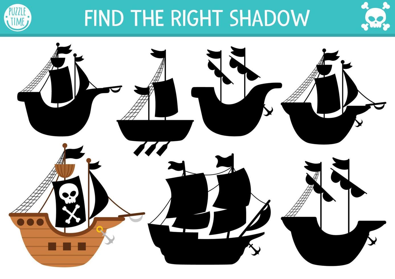 pirate ombre correspondant à activité. Trésor île chasser puzzle avec pirate navires. trouver correct silhouette imprimable feuille de travail ou jeu. mer aventures page pour des gamins avec bateau et noir voiles vecteur