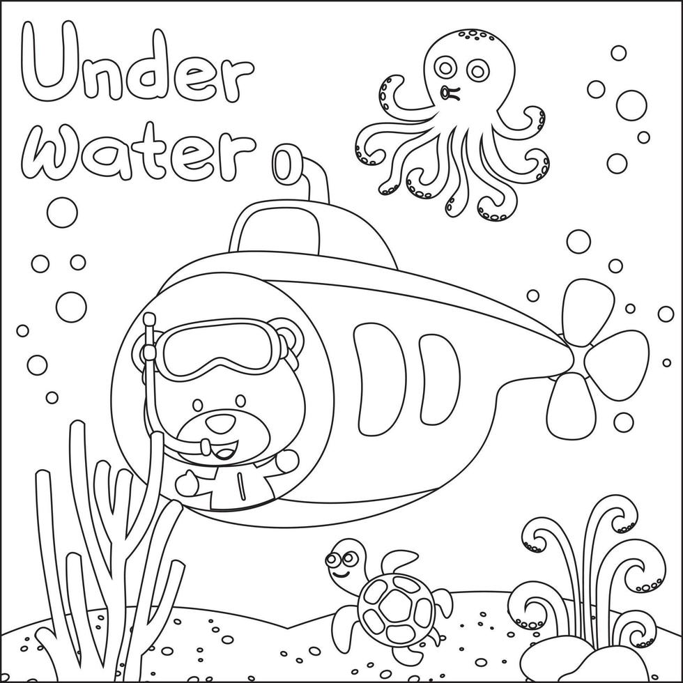 vecteur illustration de peu animal conduite sous-marin avec dessin animé style, puéril conception pour des gamins activité coloration livre ou page.