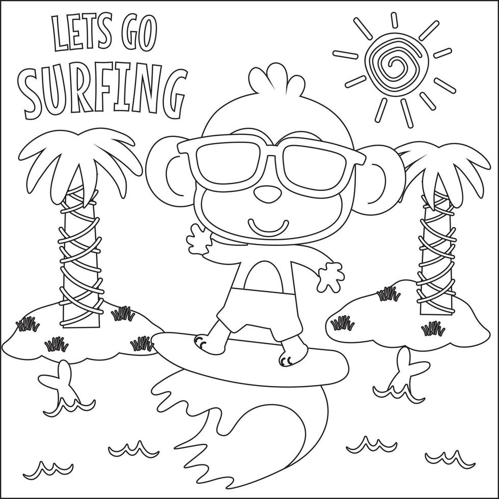 vecteur illustration de surfant temps avec mignonne peu animal à été plage. puéril conception pour des gamins activité coloration livre ou page.