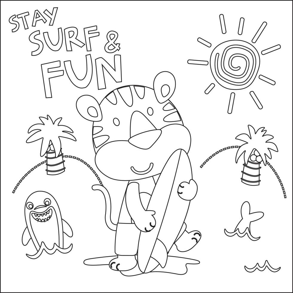 vecteur illustration de mignonne peu animal avec une planche de surf, puéril conception pour des gamins activité coloration livre ou page.