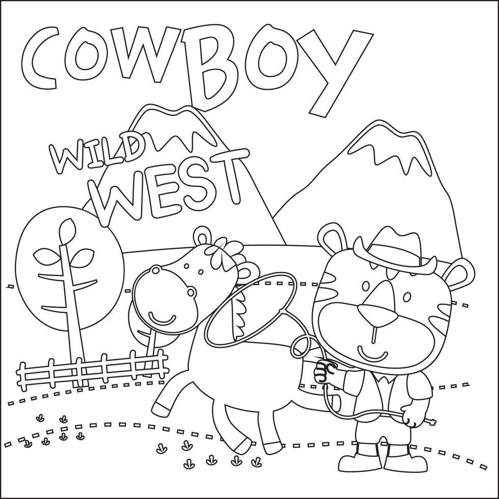 vecteur illustration de mignonne animal cow-boy avec lasso et et cheval. puéril conception pour des gamins activité coloration livre ou page.