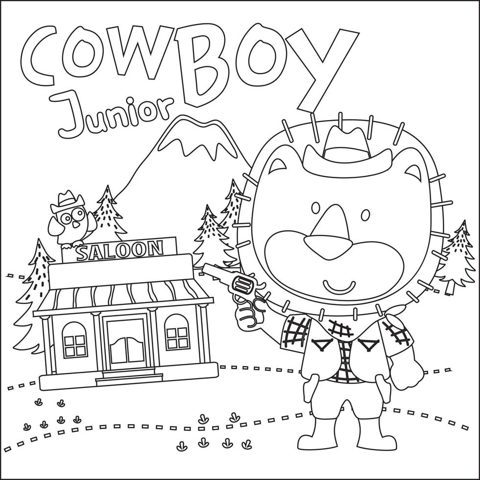 vecteur illustration de mignonne animal cow-boy avec lasso et et cheval. puéril conception pour des gamins activité coloration livre ou page.