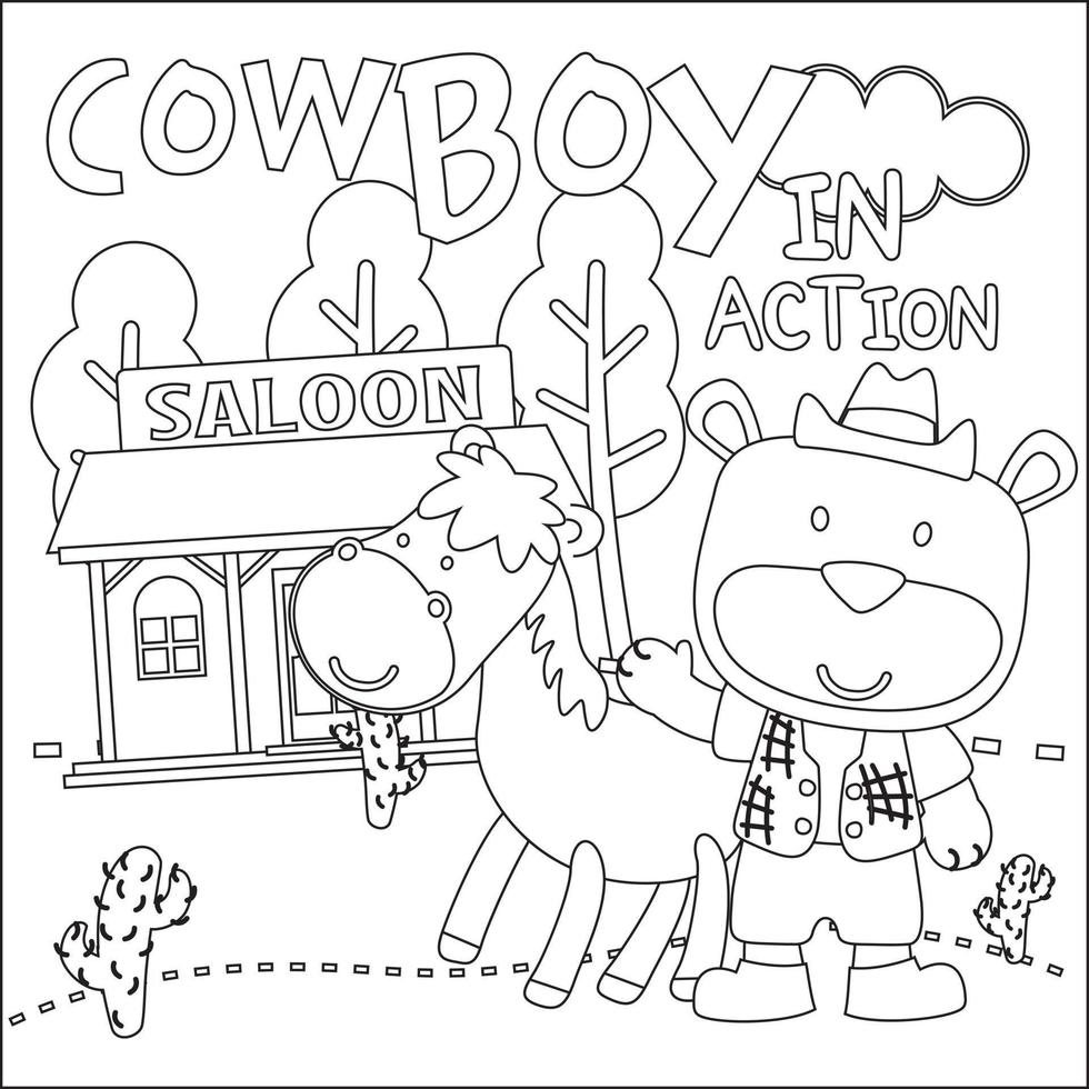 vecteur illustration de mignonne animal cow-boy avec lasso et et cheval. puéril conception pour des gamins activité coloration livre ou page.