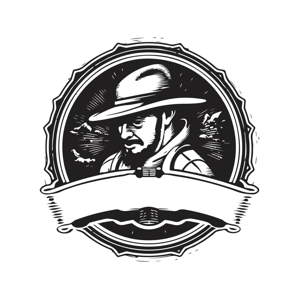 explorateur, ancien logo concept noir et blanc couleur, main tiré illustration vecteur