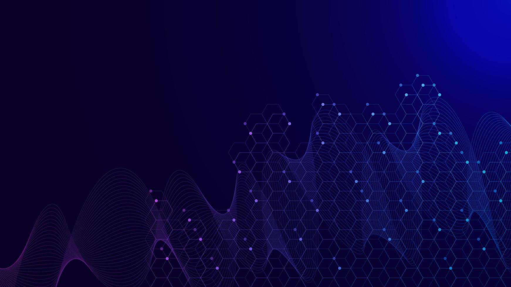 abstrait points et ligne avec hexagones, particules et vague couler Contexte. moléculaire structure, numérique Les données visualisation, technologie, chimie concept. vecteur illustration.