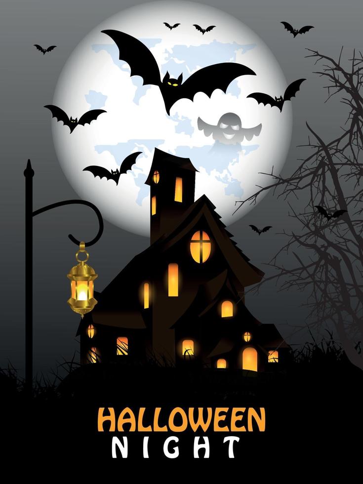 fond de fête d'halloween avec maison hantée avec arbre fantasmagorique et chauves-souris avec pleine lune vecteur