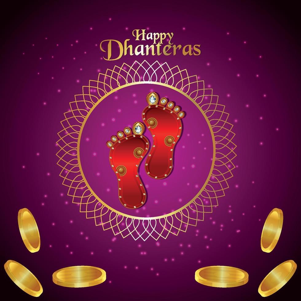 Carte de voeux joyeux dhanteras célébration avec pièce d'or sur fond violet vecteur