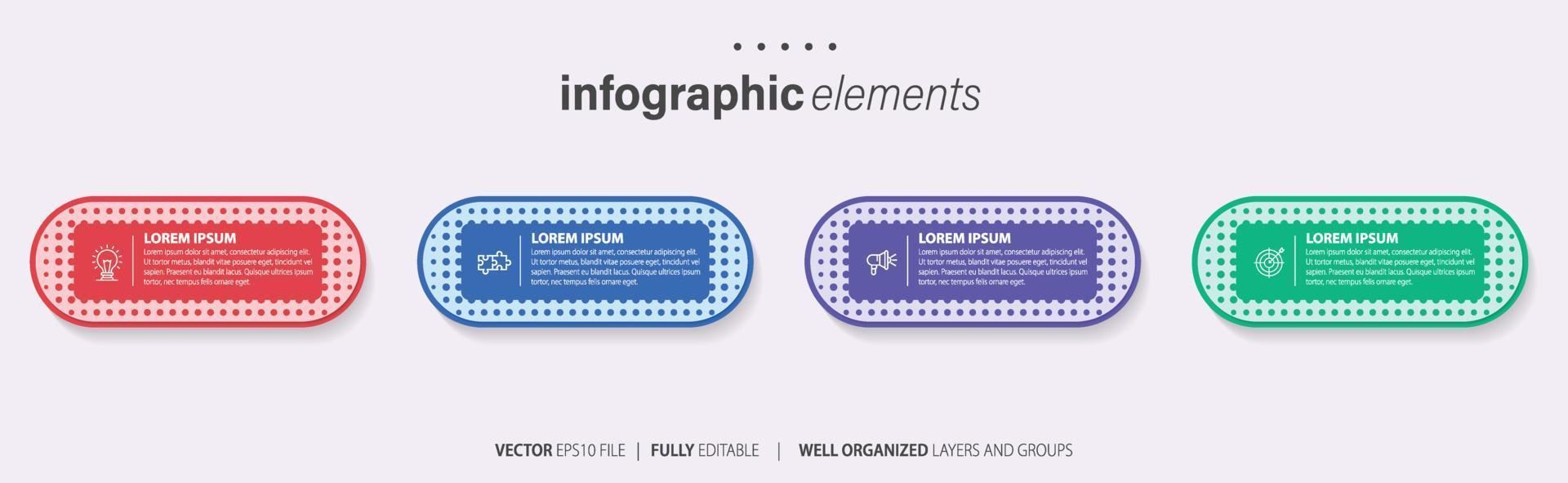 modèle de conception infographique. concept de chronologie en 4 étapes. peut être utilisé pour la mise en page du flux de travail, le diagramme, la bannière, la conception Web. illustration vectorielle vecteur