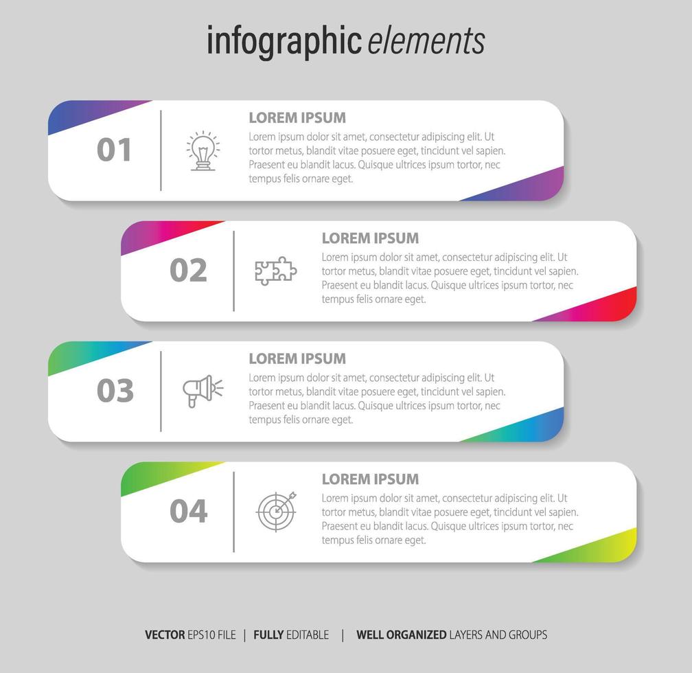 Le vecteur de conception infographie et les icônes de marketing peuvent être utilisés pour la mise en page du flux de travail, le diagramme, le rapport annuel, la conception de sites Web. concept d'entreprise avec 4 options, étapes ou processus.