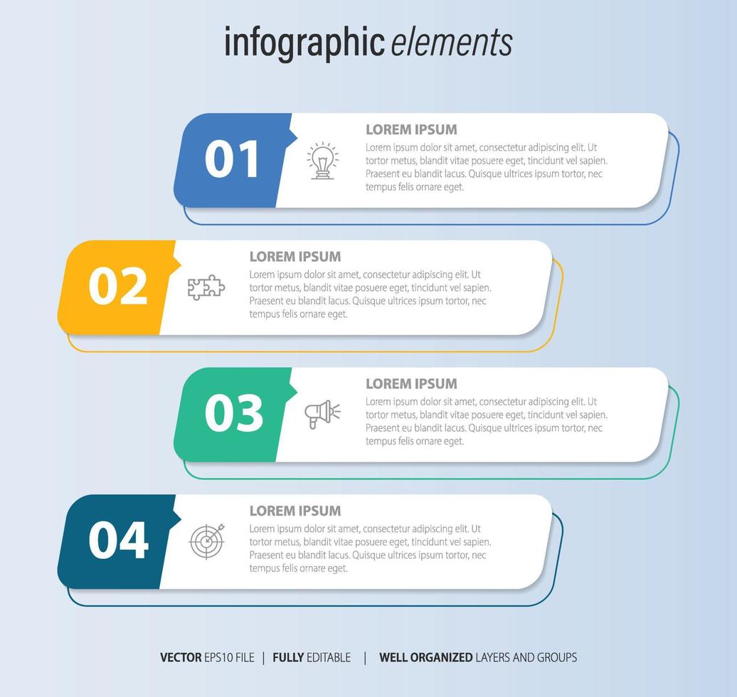 Le vecteur de conception infographie et les icônes de marketing peuvent être utilisés pour la mise en page du flux de travail, le diagramme, le rapport annuel, la conception de sites Web. concept d'entreprise avec 4 options, étapes ou processus.