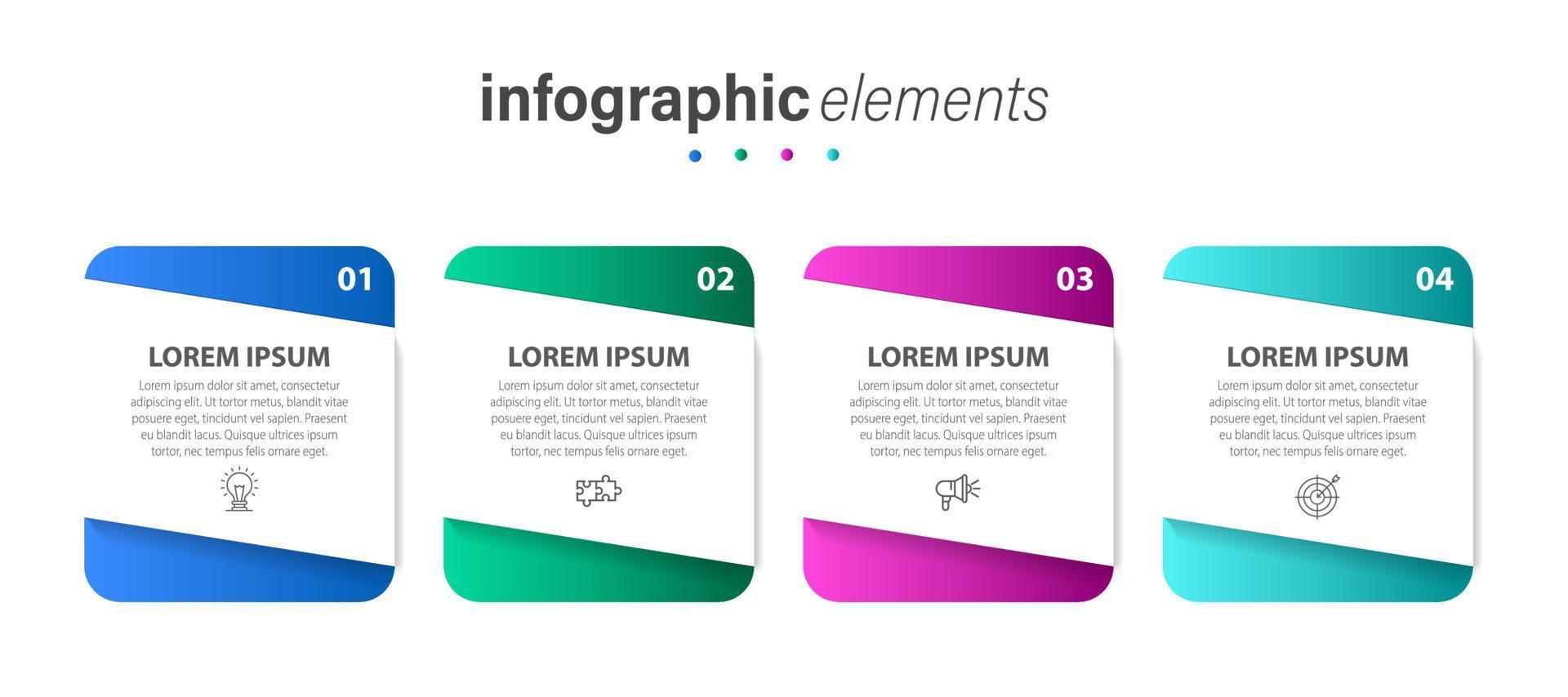 modèle de conception d'étiquettes infographiques vectorielles avec icônes et 4 options ou étapes. peut être utilisé pour le diagramme de processus, les présentations, la mise en page du flux de travail, la bannière, l'organigramme, le graphique d'informations. vecteur