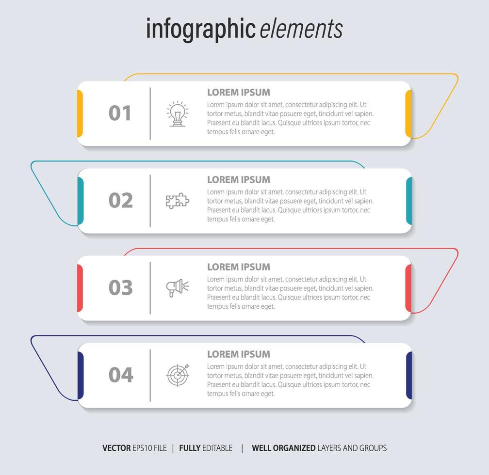 Le vecteur de conception infographie et les icônes de marketing peuvent être utilisés pour la mise en page du flux de travail, le diagramme, le rapport annuel, la conception de sites Web. concept d'entreprise avec 4 options, étapes ou processus.