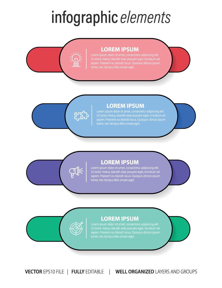 Le vecteur de conception infographie et les icônes de marketing peuvent être utilisés pour la mise en page du flux de travail, le diagramme, le rapport annuel, la conception de sites Web. concept d'entreprise avec 4 options, étapes ou processus.