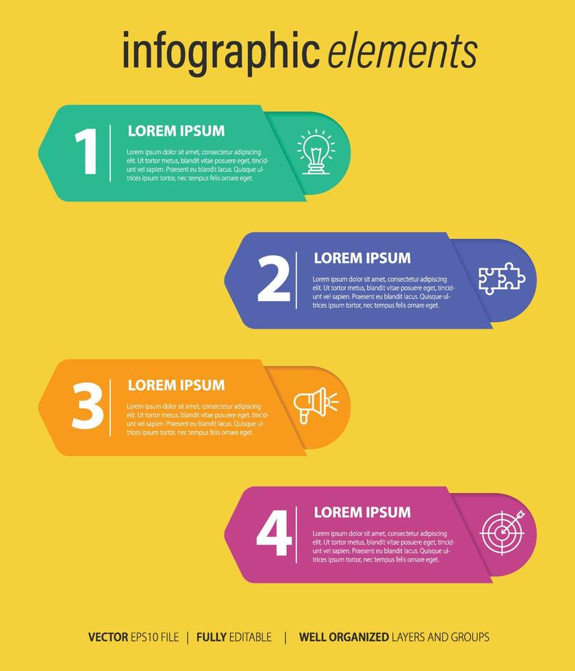 Le vecteur de conception infographie et les icônes de marketing peuvent être utilisés pour la mise en page du flux de travail, le diagramme, le rapport annuel, la conception de sites Web. concept d'entreprise avec 4 options, étapes ou processus.