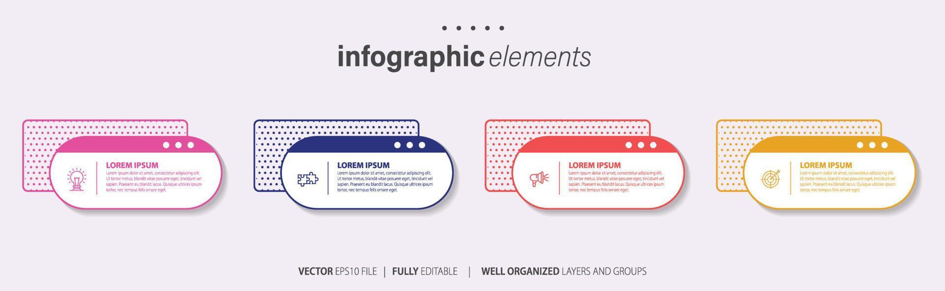 modèle de conception infographique. concept de chronologie en 4 étapes. peut être utilisé pour la mise en page du flux de travail, le diagramme, la bannière, la conception Web. illustration vectorielle vecteur