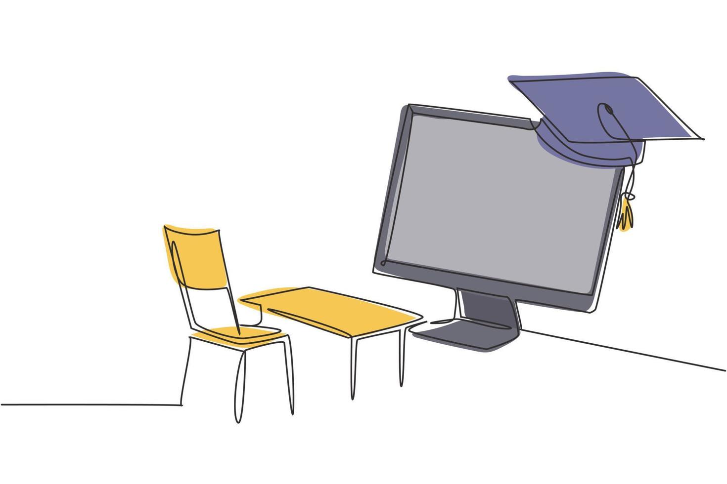 une seule ligne dessinant des chaises d'étude vides et des bureaux faisant face à un écran de moniteur géant dans lequel se trouvent un tableau noir et une casquette de graduation sur le dessus. ligne continue moderne dessiner illustration vectorielle graphique vecteur