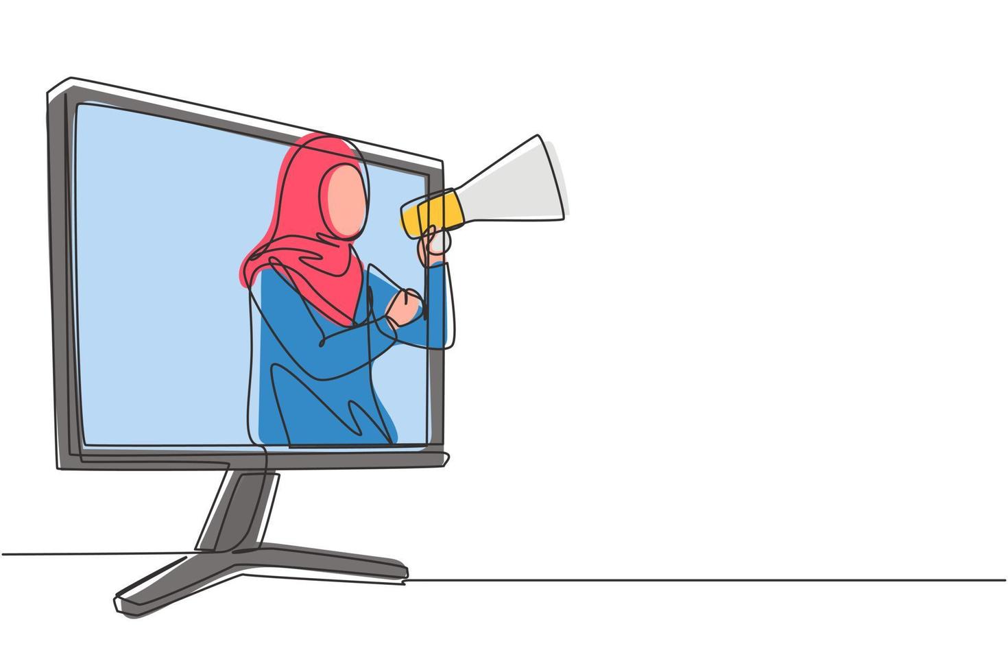 dessin d'une seule ligne jeune femme arabe sortant de l'écran du moniteur tenant un mégaphone. offrant un produit avec des remises ou un concept de vente. ligne continue moderne dessiner illustration vectorielle graphique vecteur