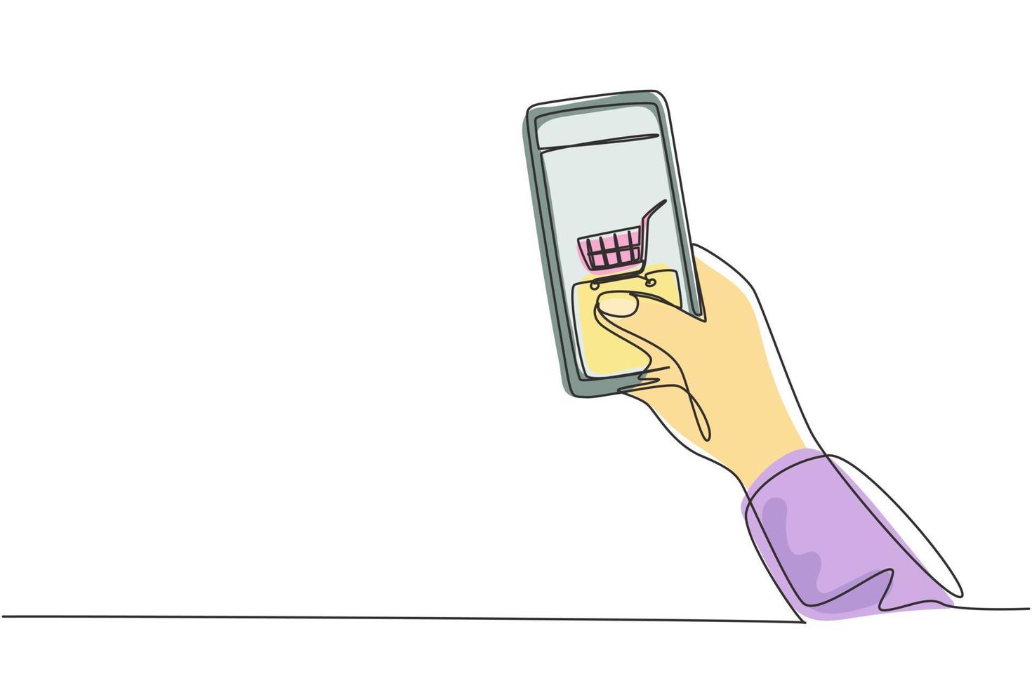 mains de dessin d'une seule ligne tenant un smartphone avec une image de panier et un écran tactile. concept de mode de vie numérique, internet et gadgets. ligne continue dessiner illustration vectorielle graphique de conception vecteur