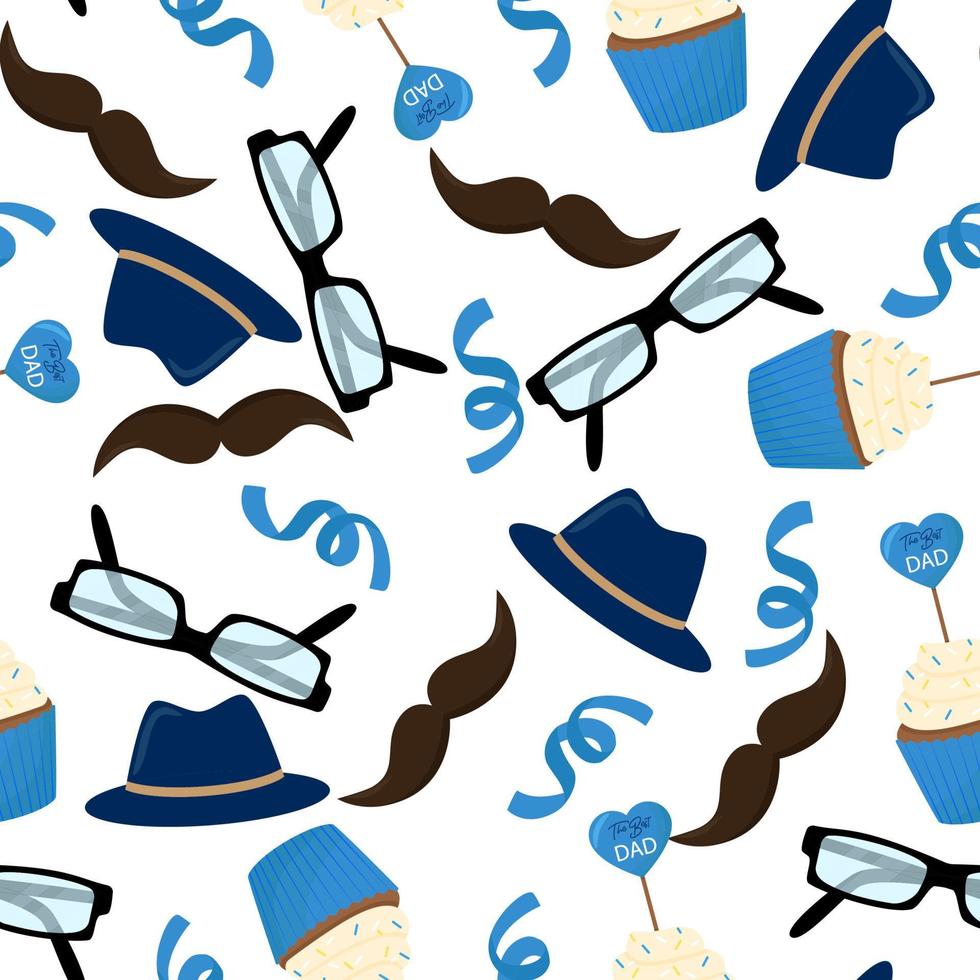 sans couture homme modèle avec lunettes, moustache, chapeau, petit gâteau et confettis. vecteur illustration.