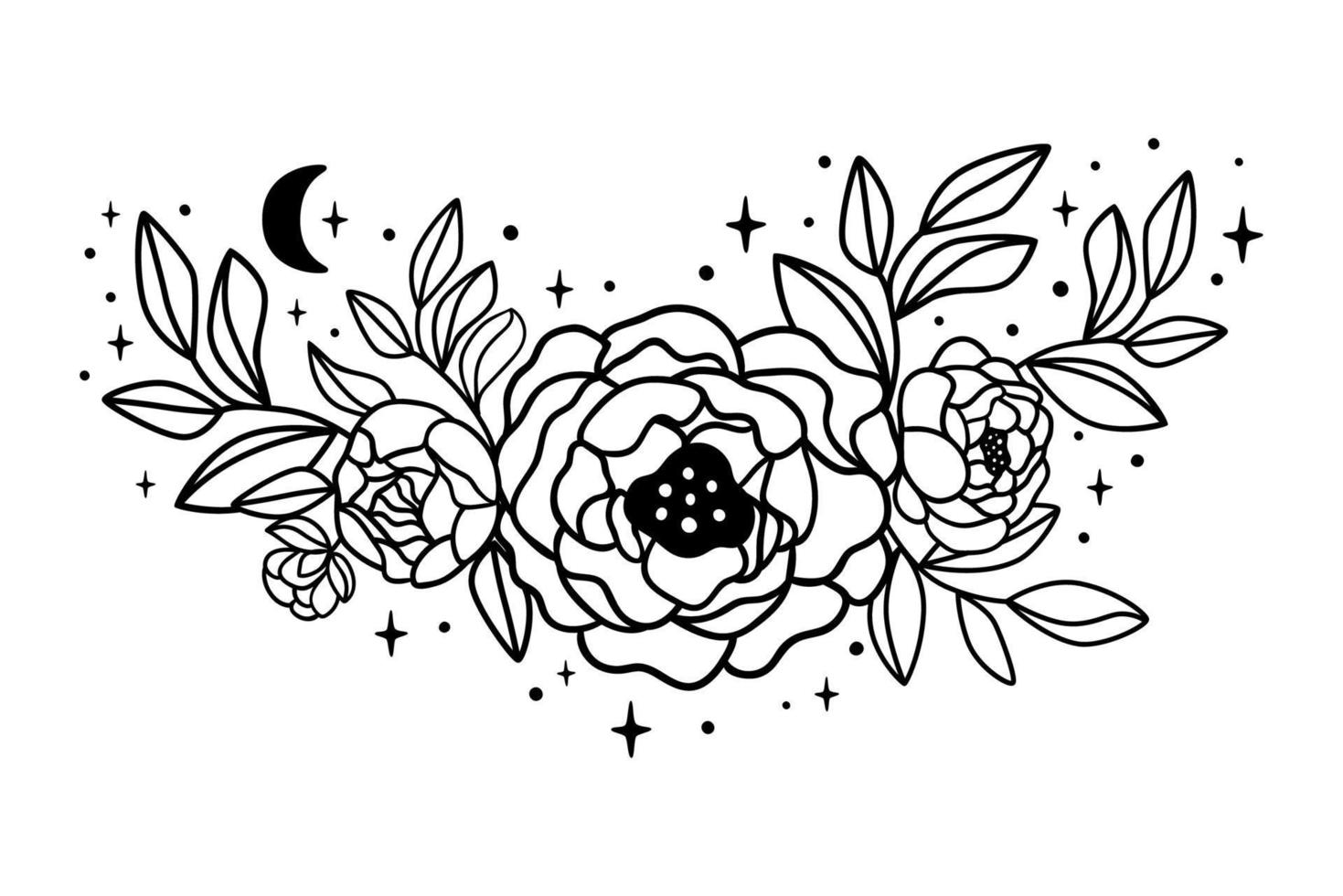 ligne art floral bouquets vecteur. noir contour céleste fleur avec étoiles, lune décoratif graphique élément isolé sur blanche. main tiré fleurs sauvages illustration. été jardin des roses, feuilles vecteur