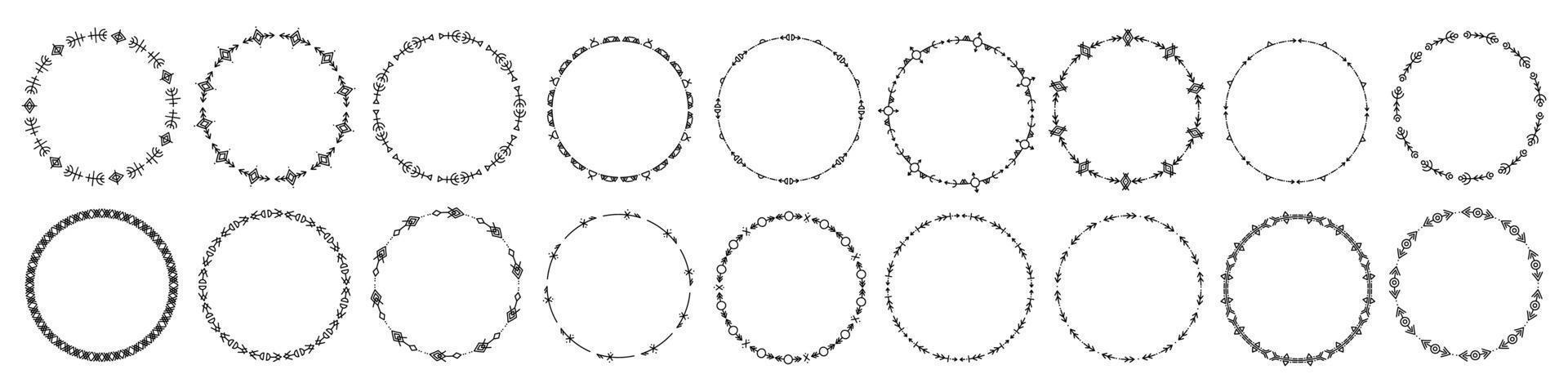 ensemble de cadres ronds et de monogrammes. bordures de cercle décoratif de collection. doodle abstrait. ronds des cercles de ligne de gribouillage. doodle éléments de conception de logo circulaire. étiquettes de modèle, autocollants, cartes. vecteur. vecteur