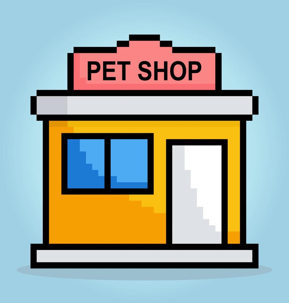 8 bit pixels, animal de compagnie magasin. commercialisation Accueil icône pour Jeu les atouts et la toile icône dans vecteur illustrations.