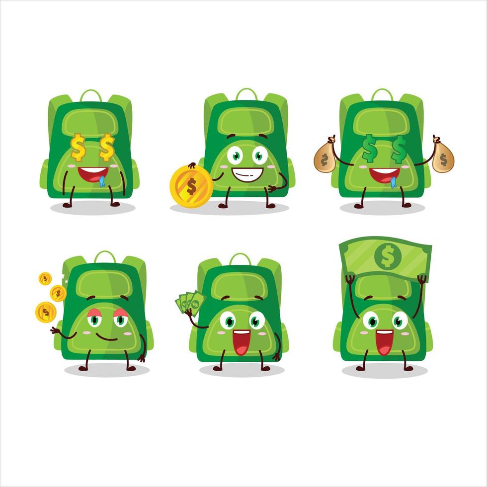 vert école sac dessin animé personnage avec mignonne émoticône apporter argent vecteur