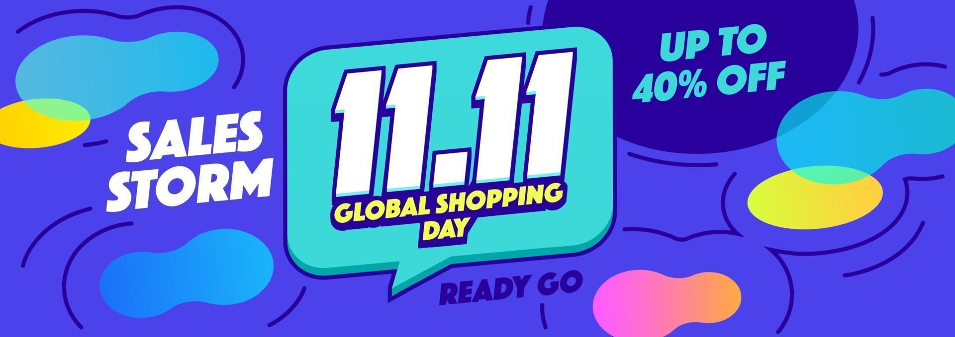 11.11 Bannière horizontale de vente shopping global ou promotion sur fond bleu vecteur
