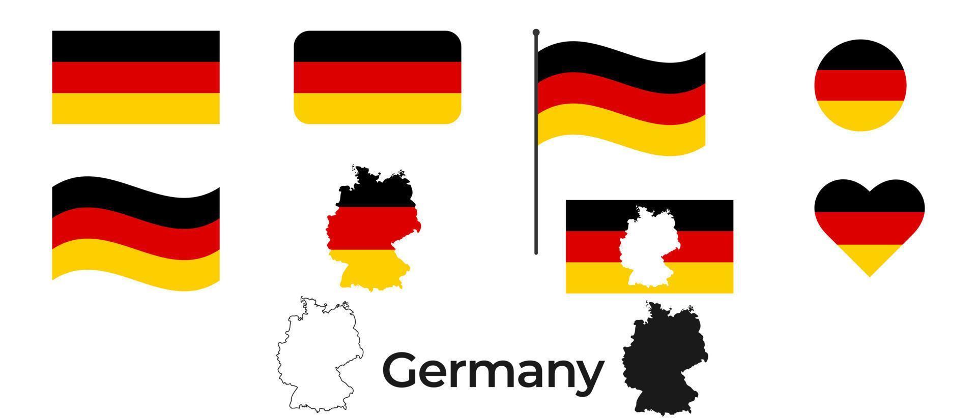 drapeau de Allemagne. silhouette de Allemagne. nationale symbole. carré, rond et cœur forme. le symbole de le Allemagne drapeau. vecteur