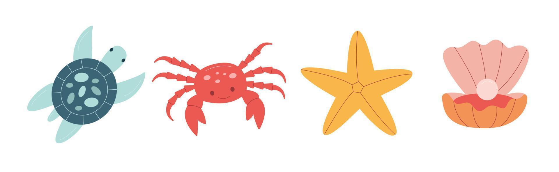 ensemble de mer habitants. étoile de mer, crabe, coraux, tortue et coquilles vecteur illustration. griffonnage carton illustration.