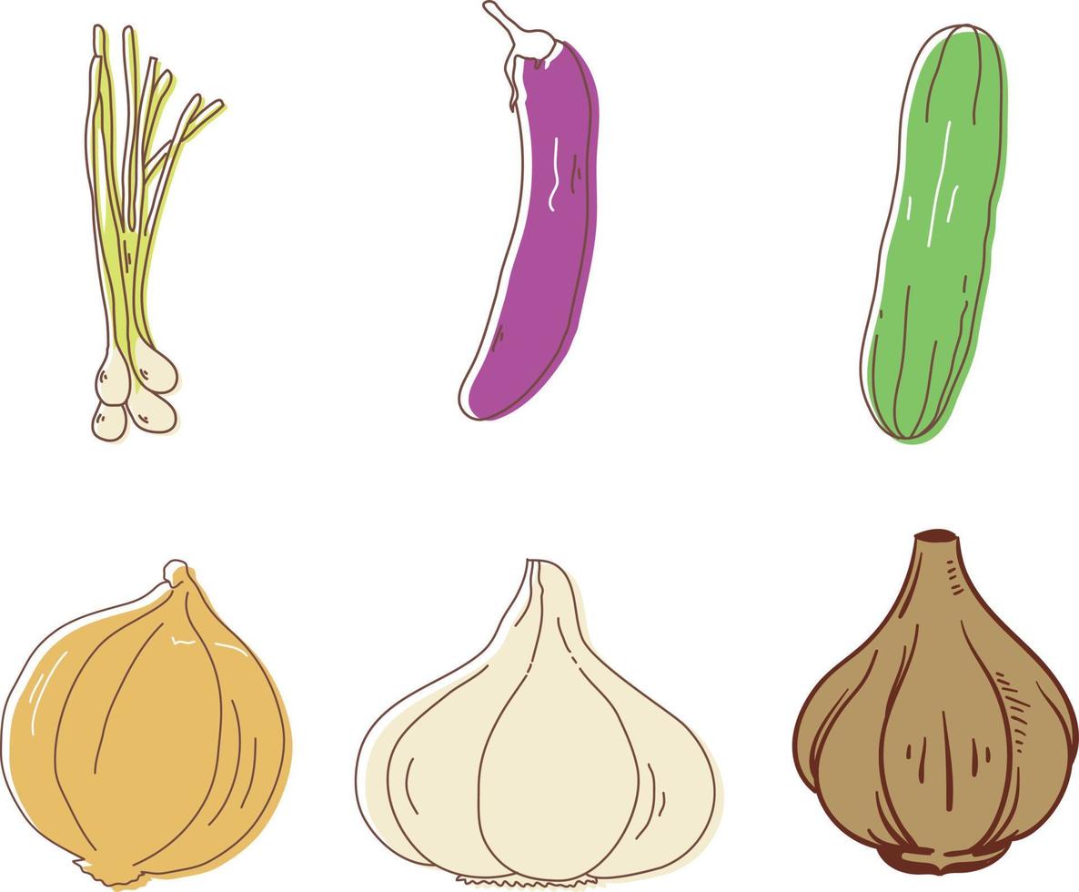 ail, aubergine, oignon, courgette, oignon, ensemble de nourriture icône. vecteur illustration ensemble