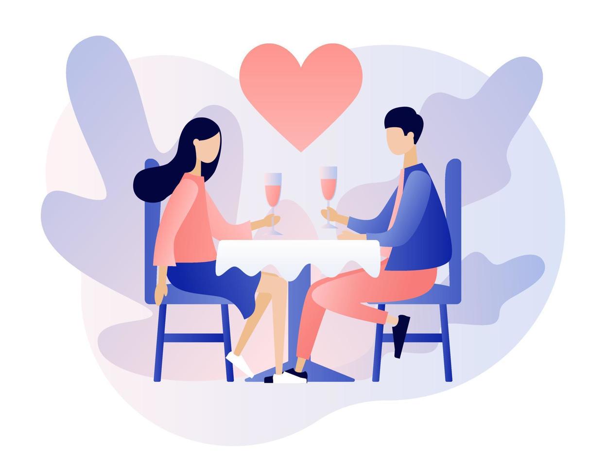 aimant couple dépenses temps ou relaxant ensemble. romantique dîner dans restaurant. romantique Date concept. personnages Valentin journée. moderne plat dessin animé style. vecteur illustration sur blanc Contexte