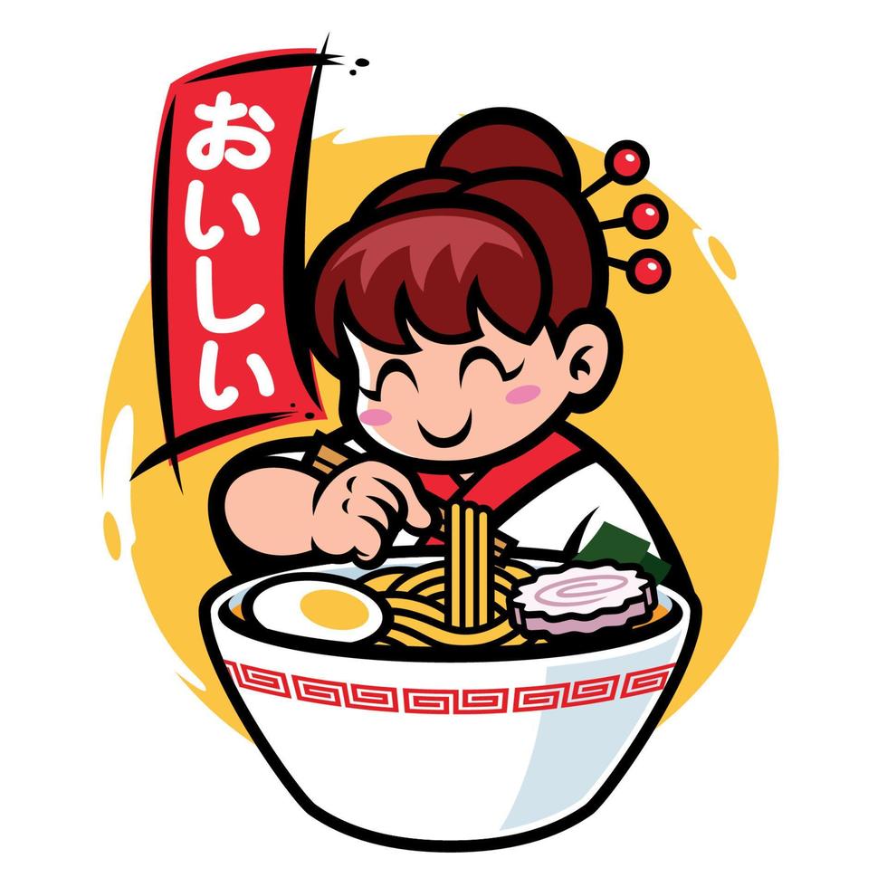 Japon fille mascotte manger ramen avec Japon mot signifier délicieux vecteur