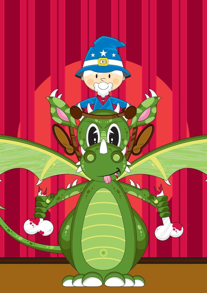 mignonne dessin animé magique sorcier et féroce vert dragon illustration vecteur