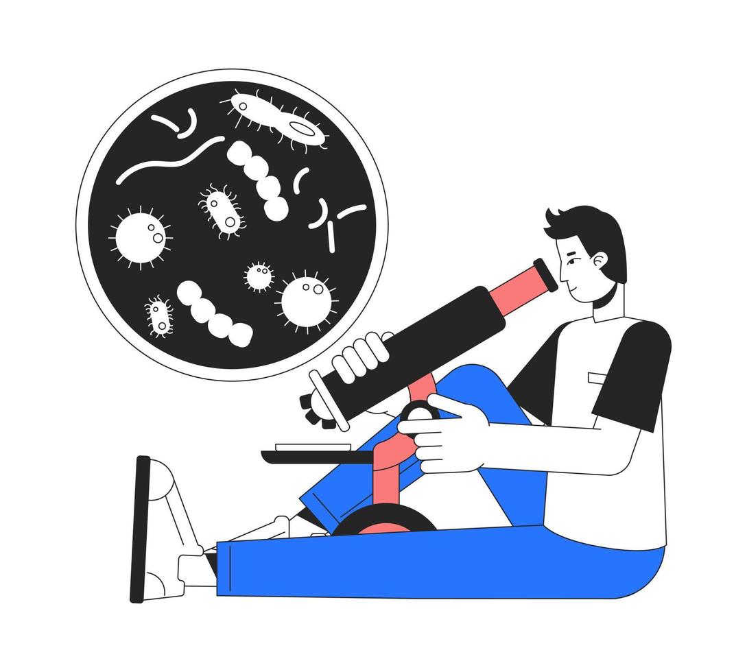 clinique études plat ligne concept vecteur place illustration. chercheur en utilisant microscope 2d dessin animé personnage sur blanc pour la toile ui conception. modifiable héros image pour site Internet débarquements, mobile en-têtes